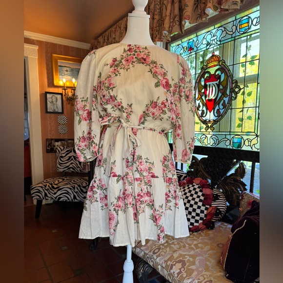 Floral Puff Sleeve Linen Mini Dress - Picture 1 of 5